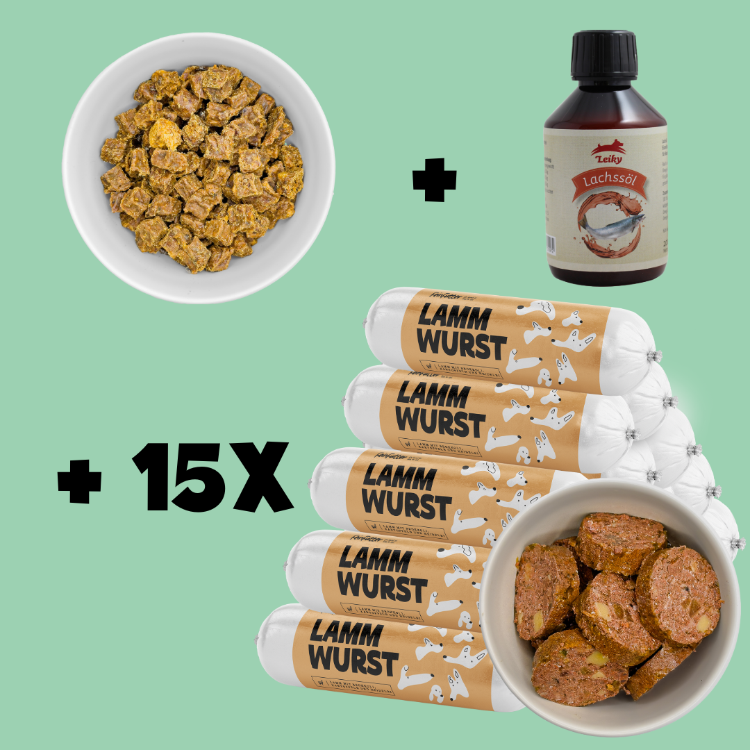 Vorratspaket: 15x Lamm-Wurst + Kaninchen-Fleischwürfel + Lachsöl