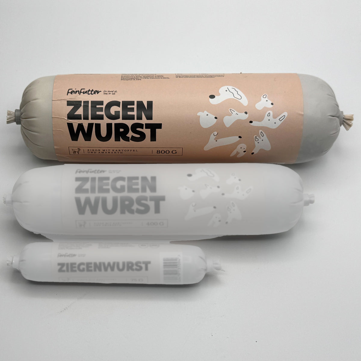 Ziege mit Kartoffel und Amaranth – 800 g hervorgehoben, daneben die anderen Größen zum Vergleich