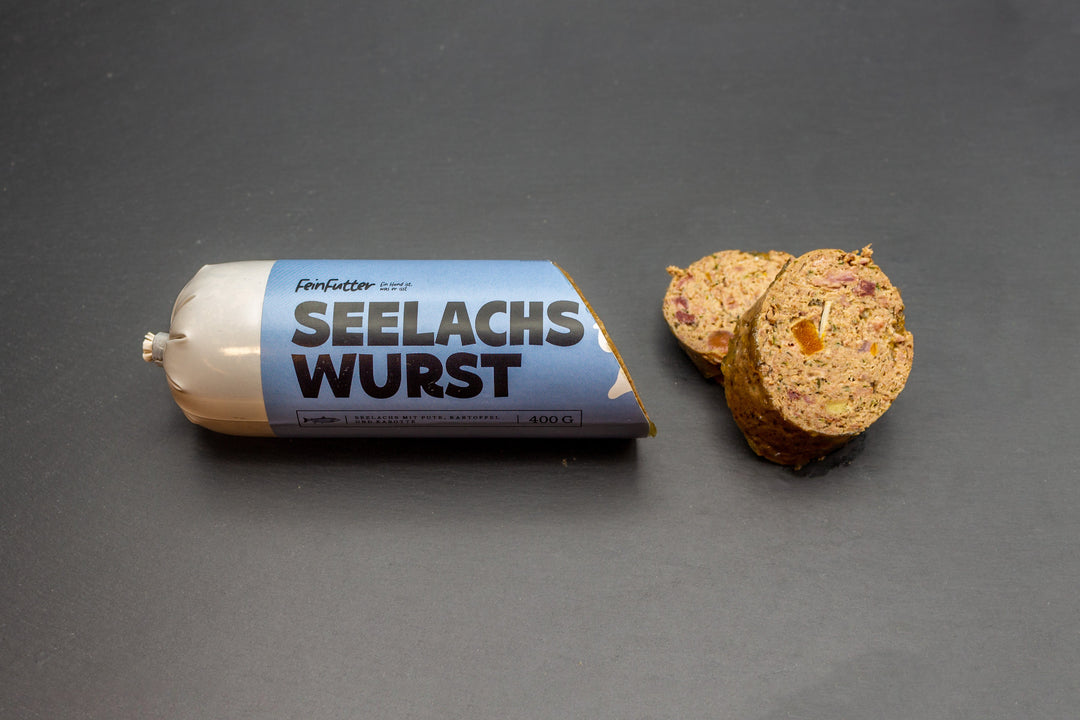 Seelachs mit Pute, Kartoffel und Karrotte – angeschnitten mit Etikett