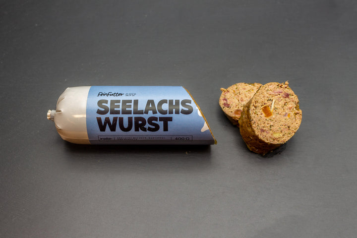 Seelachs mit Pute, Kartoffel und Karrotte – angeschnitten mit Etikett