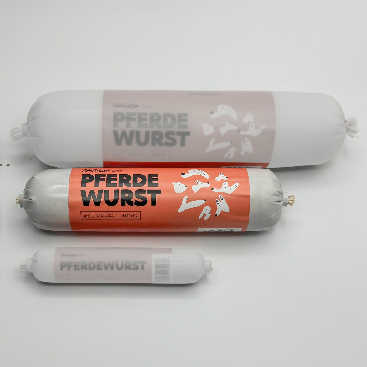 Pferd mit Kartoffel – 400 g hervorgehoben, daneben die anderen Größen zum Vergleich