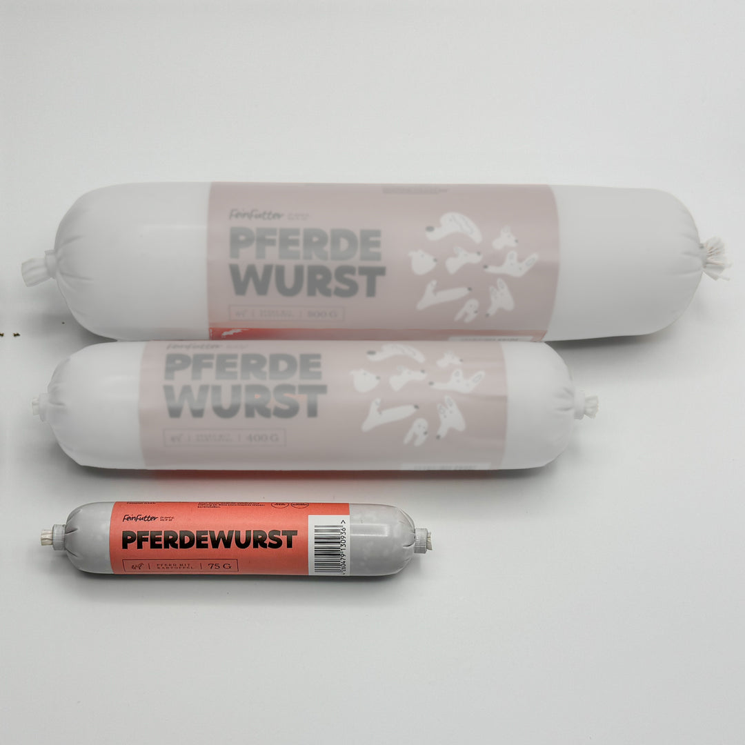 Pferd mit Kartoffel – 75 g hervorgehoben, daneben die anderen Größen zum Vergleich