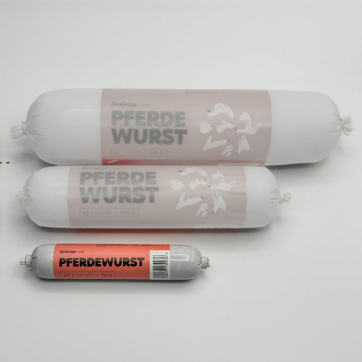 Pferd mit Kartoffel – 75 g hervorgehoben, daneben die anderen Größen zum Vergleich