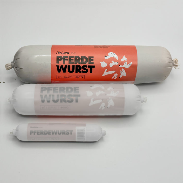 Pferd mit Kartoffel – 800 g hervorgehoben, daneben die anderen Größen zum Vergleich