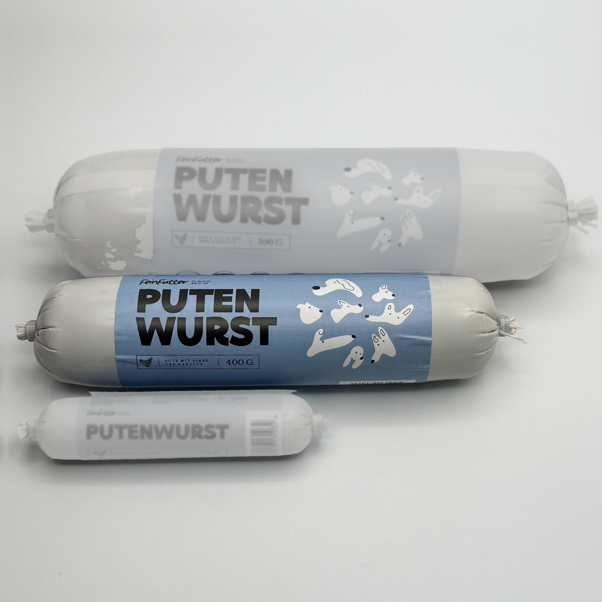 Pute mit Hirse und Karotten – 400 g hervorgehoben, daneben die anderen Größen zum Vergleich