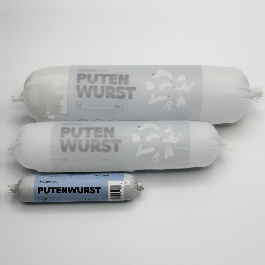 Pute mit Hirse und Karotten – 75 g hervorgehoben, daneben die anderen Größen zum Vergleich