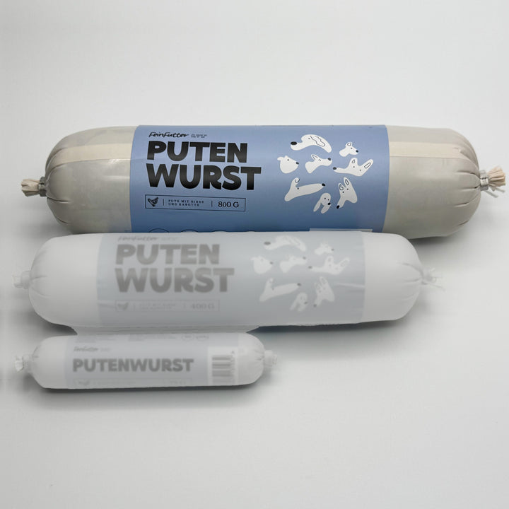 Pute mit Hirse und Karotten – 800 g hervorgehoben, daneben die anderen Größen zum Vergleich