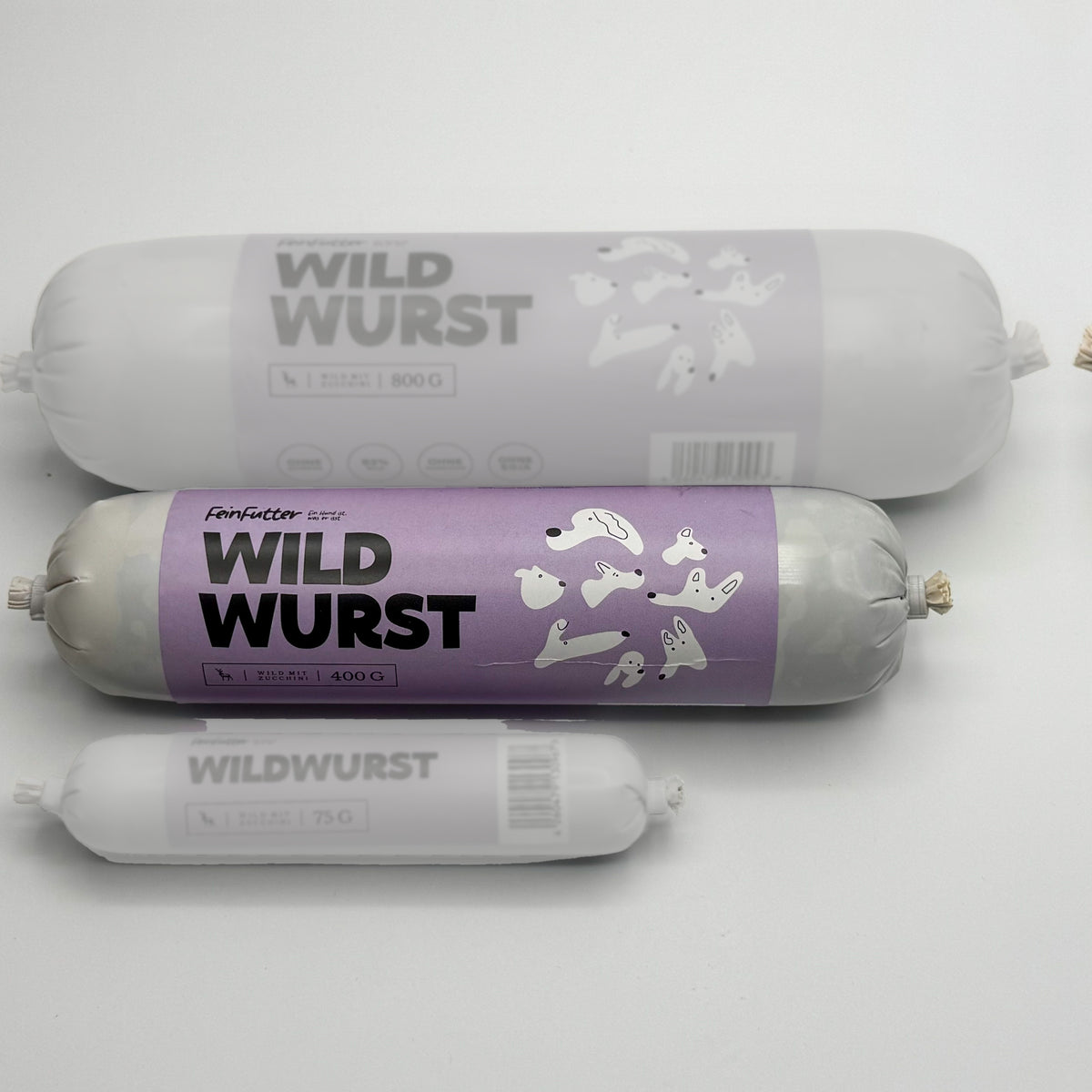 Wild mit Zucchini – 400 g hervorgehoben, daneben die anderen Größen zum Vergleich