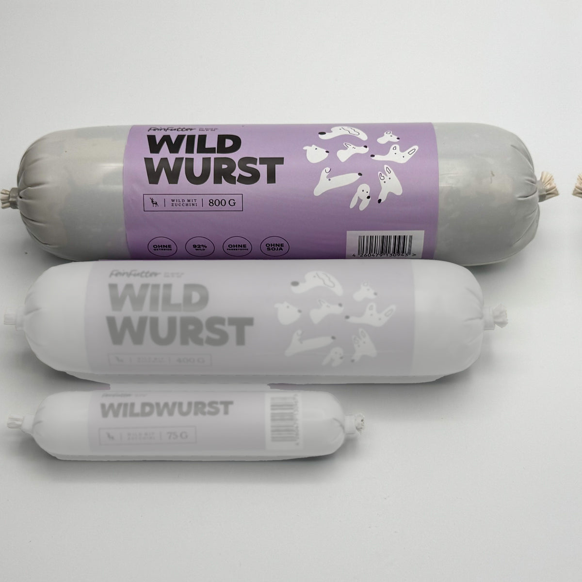 Wild mit Zucchini – 800 g hervorgehoben, daneben die anderen Größen zum Vergleich