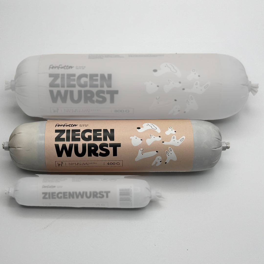 Ziege mit Kartoffel und Amaranth – 400 g hervorgehoben, daneben die anderen Größen zum Vergleich
