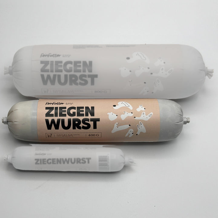 Ziege mit Kartoffel und Amaranth – 400 g hervorgehoben, daneben die anderen Größen zum Vergleich