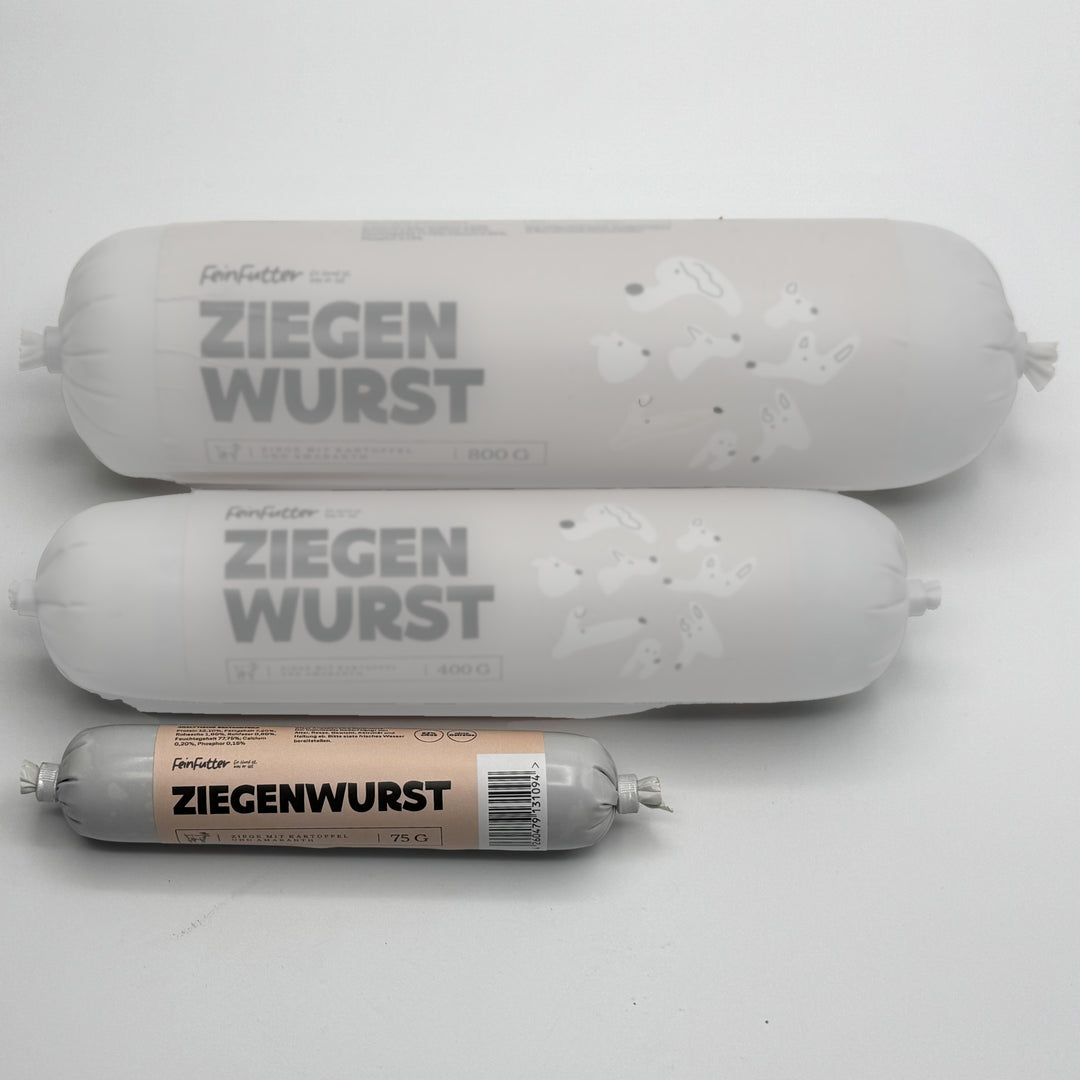 Ziege mit Kartoffel und Amaranth – 75 g hervorgehoben, daneben die anderen Größen zum Vergleich
