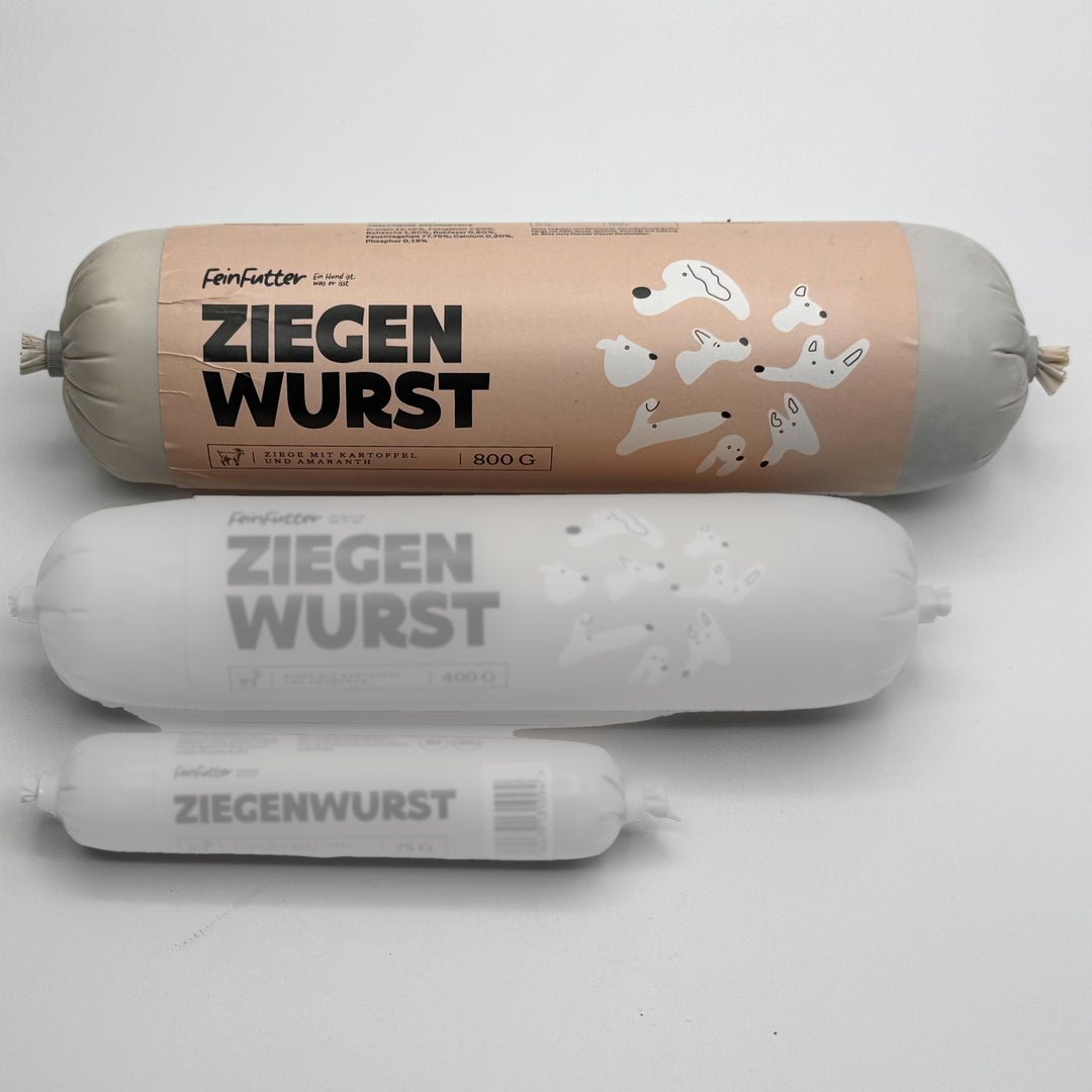 Ziege mit Kartoffel und Amaranth – 800 g hervorgehoben, daneben die anderen Größen zum Vergleich